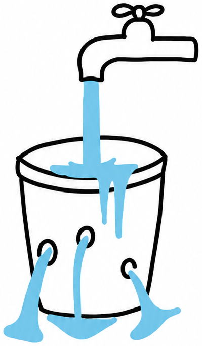 Balde con agujeros perdiendo agua